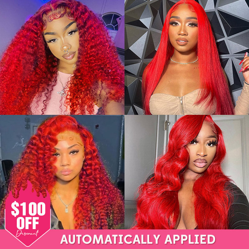 [$100 OFF Deal] Red Color Straight/Body Wave Glueless 13×4 Transparent Lace Frontal Wigs 180% Density