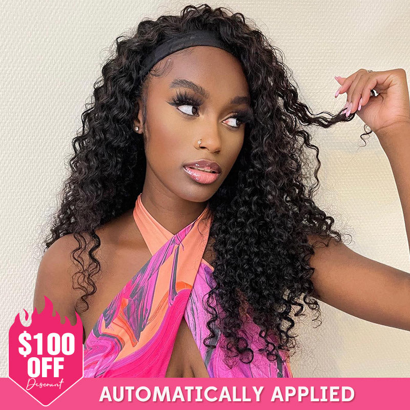 [$100 OFF Deal] Headband Wig Water Wave/Deep Wave/Body Wave Human Hair Wig For Black Women 150% Density