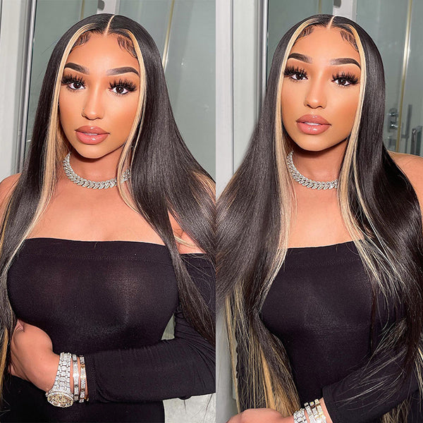 Skunk Stripe Wig 13x4 Straight Lace Front Wig Honey Blonde Highlight Glueless Straight Human Hair Wigs