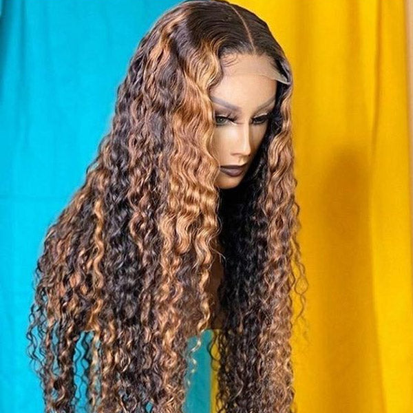 200% Density Highlight Color Wear Go Deep Wave Wig 4x4 HD Lace Closure Wig 32 Inch Human Hair Wigs P4/27 Brown Color