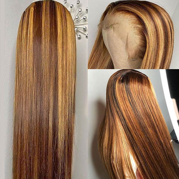 Glueless Lace Closure Wig Straight Human Hair Wig Honey Blonde Highlight 4x4 Lace Closure Wigs