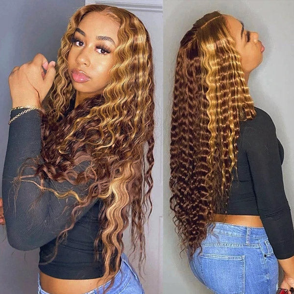 200% Density Highlight Color Wear Go Deep Wave Wig 4x4 HD Lace Closure Wig 32 Inch Human Hair Wigs P4/27 Brown Color
