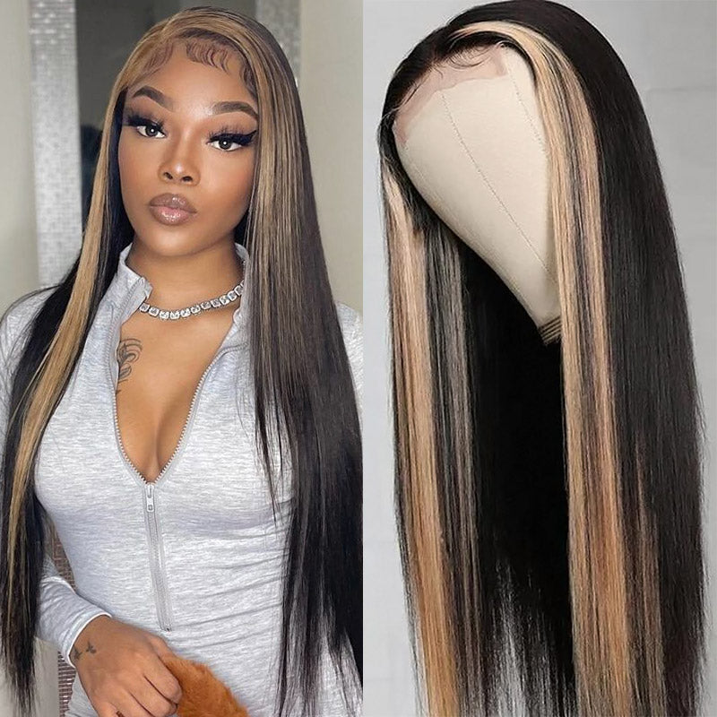 Skunk Stripe Wig 13x4 Straight Lace Front Wig Honey Blonde Highlight Glueless Straight Human Hair Wigs