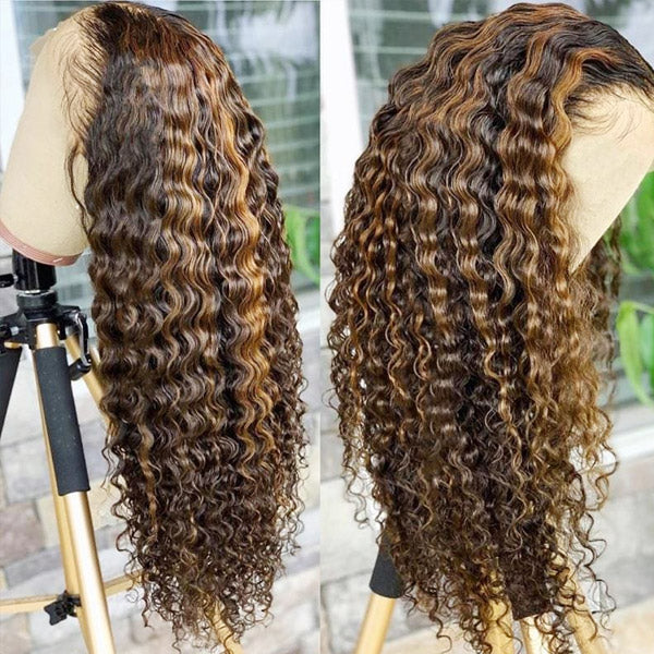 200% Density Highlight Color Wear Go Deep Wave Wig 4x4 HD Lace Closure Wig 32 Inch Human Hair Wigs P4/27 Brown Color