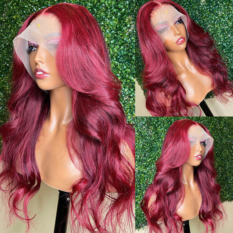 99J Body Wave Lace Frontal Wig Burgundy Pre-plucked HD Lace Front Wig Colored Human Hair Wigs