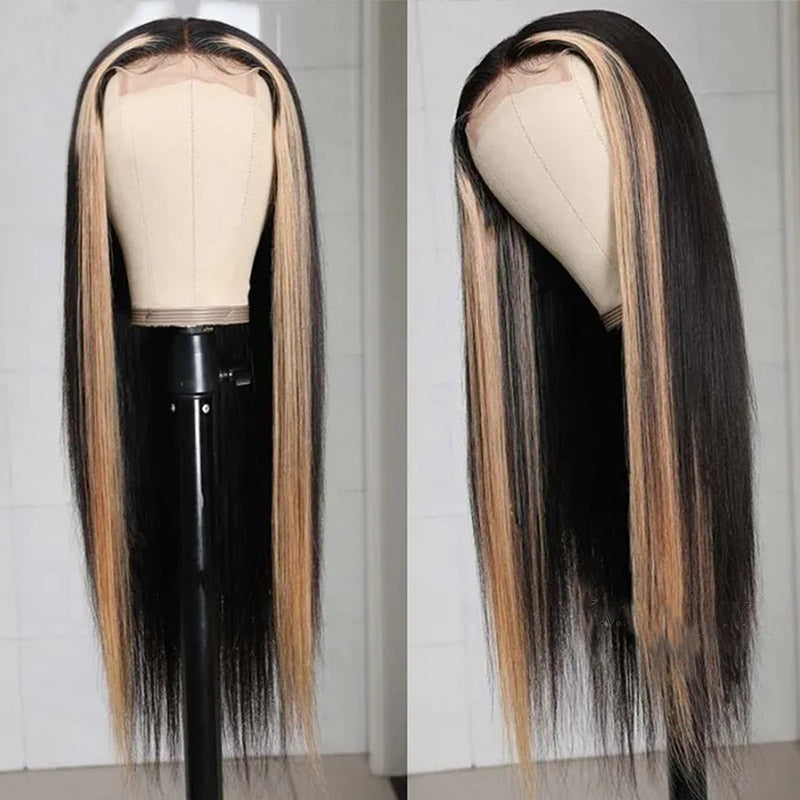 Skunk Stripe Wig 13x4 Straight Lace Front Wig Honey Blonde Highlight Glueless Straight Human Hair Wigs