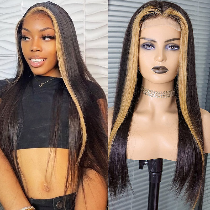 Skunk Stripe Wig 13x4 Straight Lace Front Wig Honey Blonde Highlight Glueless Straight Human Hair Wigs