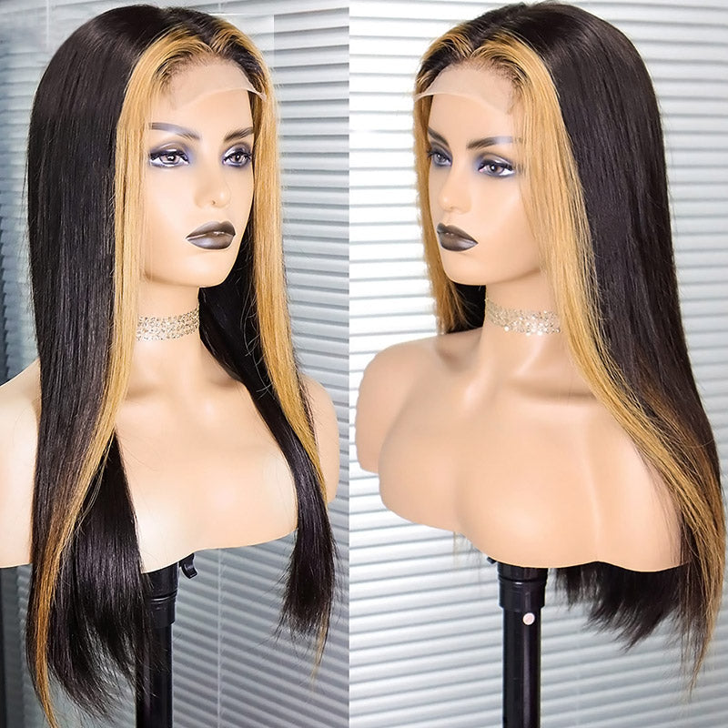 Skunk Stripe Wig 13x4 Straight Lace Front Wig Honey Blonde Highlight Glueless Straight Human Hair Wigs