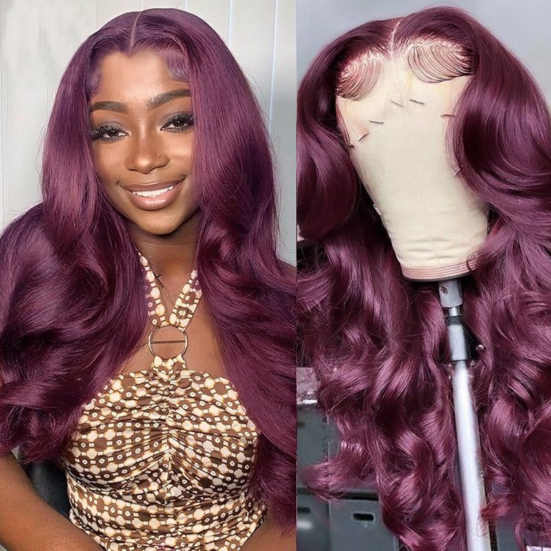 Dark Purple 13x4 Lace Front Body Wave Human Hair Wigs with Pre-plucked Glueless Wigs