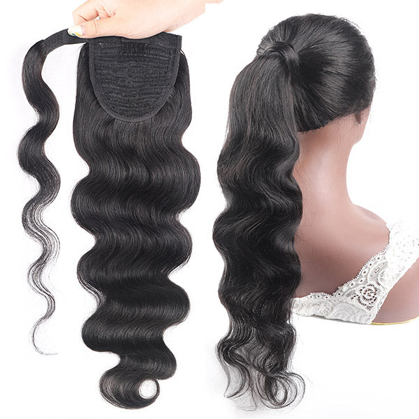 Body Wave Long Wavy Wrap Around Clip In Ponytail Hair Extension Brazilian Remy Human Hair Natural Color Heat Resistant Pony Tail