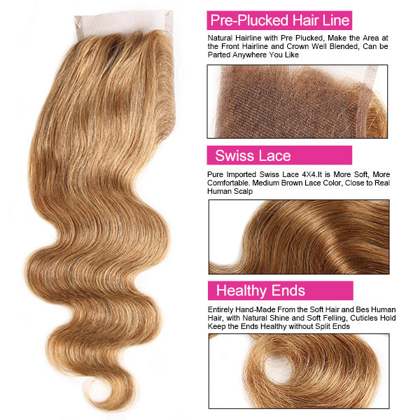 Brazilian Hair Bundles With Closure 27# Colored Body Wave Human Hair 3 Bundles With HD Closure With Baby Hair