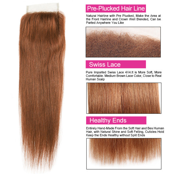 Bone Straight Human Hair With Lace Closure 3 Bundles With Closure 4# Color Hair Extensions