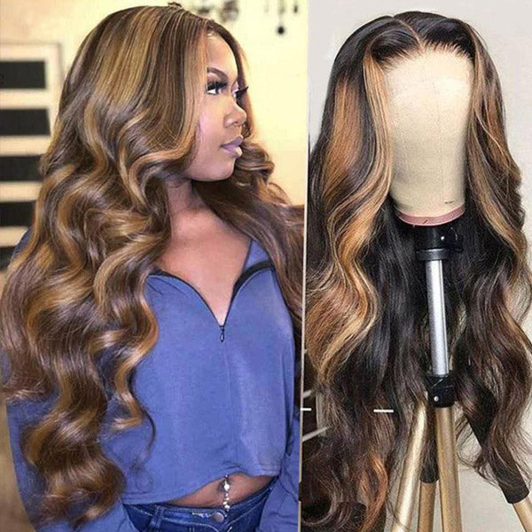 Honey Blonde Highlights Wigs 5x5 Lace Wig Body Wave Human Hair Wigs Glueless Wigs