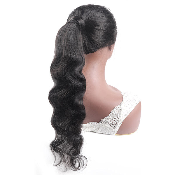 Body Wave Long Wavy Wrap Around Clip In Ponytail Hair Extension Brazilian Remy Human Hair Natural Color Heat Resistant Pony Tail