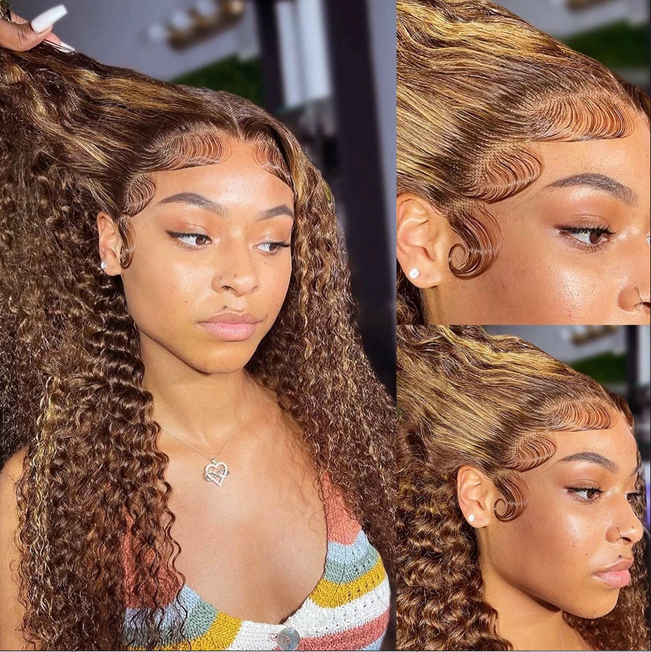 Highlight Deep Curly Lace Front Human Hair Wigs 13x4 Honey Blonde Deep Wave Colored Glueless Wigs