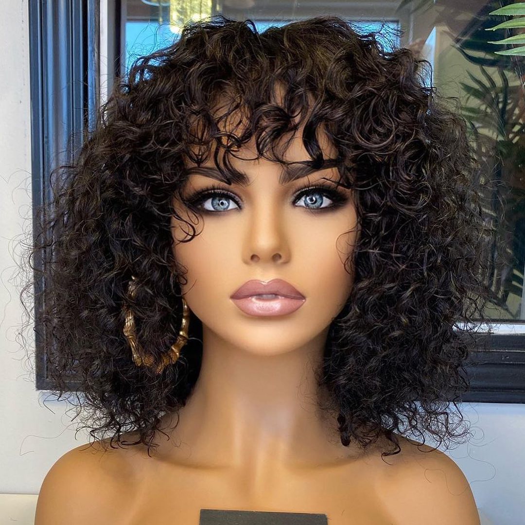 Wear & Go Glueless Wigs Curly Wig With Bangs No Lace No Glue Human Hair Wigs