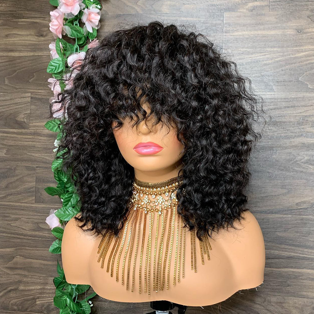 Wear & Go Glueless Wigs Curly Wig With Bangs No Lace No Glue Human Hair Wigs