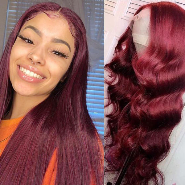 99J Middle Part Transparent Lace Part Wig Burgundy Wig Colored Human Hair Wigs Glueless Wigs