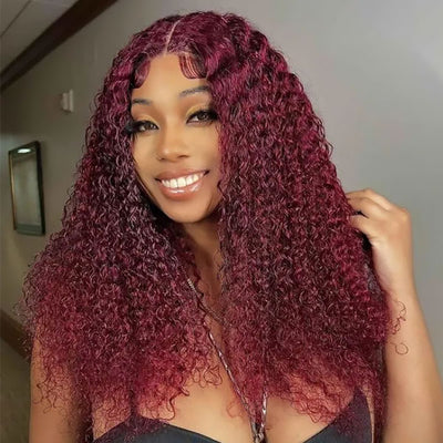 99J Deep Wave Wig Glueless Lace Front Wig Burgundy Deep Curly Human Hair Wigs with Baby Hair Pre-Cut Lace