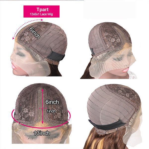 Honey Blonde Highlight Color Middle Part T Lace Wig Ombre Human Hair Straight Hair Body Wave