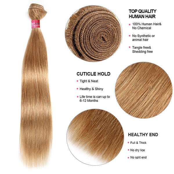 27# Honey Blonde Hair Bundles With Closure Brazilian Straight Human Hair 3 Bundles With HD Lace Closure