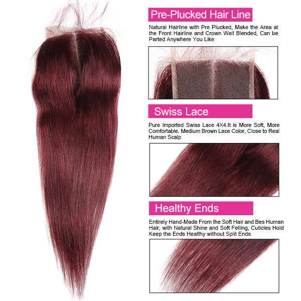 99J Burgundy Hair 3 Hair Bundles With Closure Bone Straight Human Hair With Baby Hair For Black Women