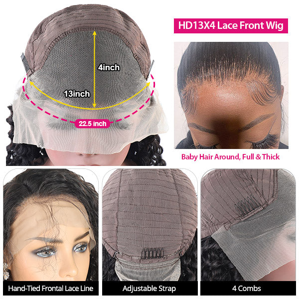 Glueless Deep Wave Human Hair Wig Deep Curly Wig 13x4 HD Transparent Lace Front Wig Pre Plucked