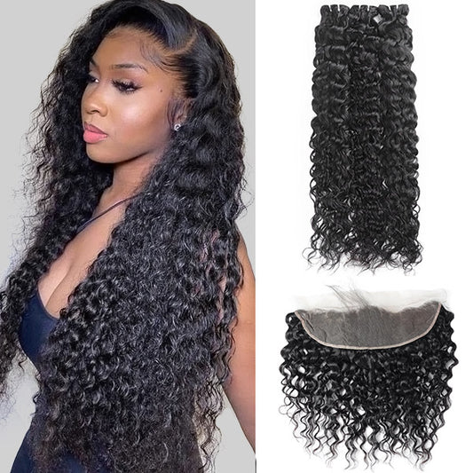 Brazilian Water Wave 3 Bundles with 13x4 Lace Front Closure Human Hair Extensions