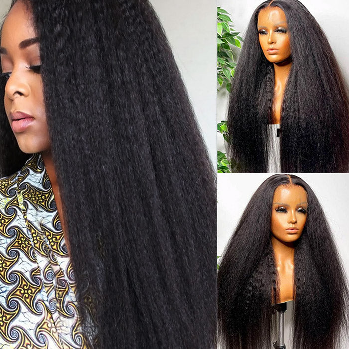 Glueless Wear and Go Wigs Yaki Straight 13x4 Lace Frontal Wig Pre-cut Kinky Straight Human Hair Wig