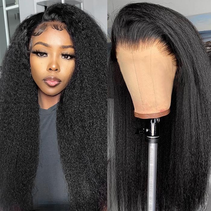 Glueless Wear and Go Wigs Yaki Straight 13x4 Lace Frontal Wig Pre-cut Kinky Straight Human Hair Wig
