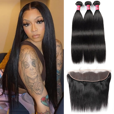 3 Pcs Pack Straight Hair Bundles With 13x4 HD Lace Frontal Closure One Pack
