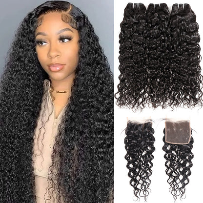 Water Wave Bundles with Closure Brazilian Human Hair 3 Bundles with 4x4 Lace Closure