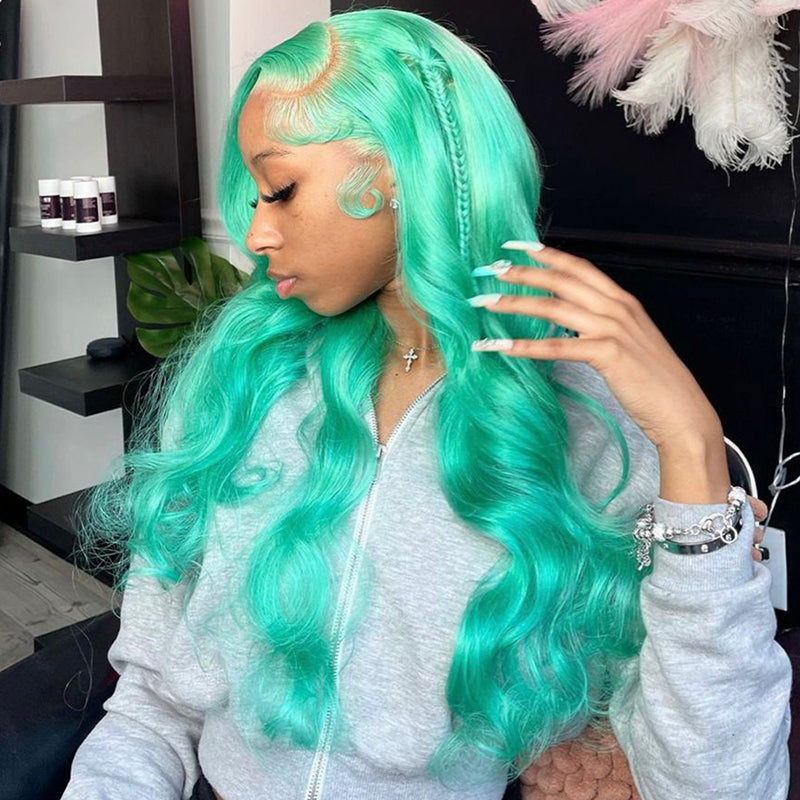 Hairinbeauty New Color Hair Mint Green 13x4 HD Transparent Lace Wigs Pre Plucked Human Hair Wigs
