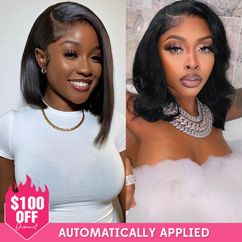 [$100 OFF Deal] Glueless Short Bob Wig 13x4 Transparent Lace Front Wig Straight / Kink Curly Human Hair Wigs