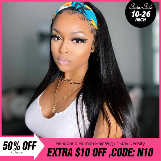 [ Anniversary's Deal ] 10"-26" Save 50% OFF Headband Wig Glueless Natural Black Non Lace Human Hair Wig Deal