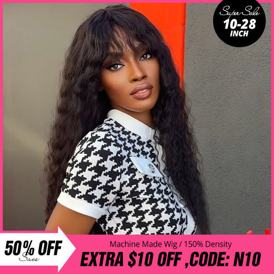 [ Anniversary's Deal] 10"-28" Save 50% OFF Straight With Bangs Remy Brazilian Human Hair Wigs Machine Made Wig With Bangs For Black Women