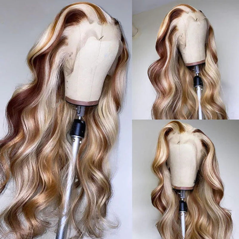 13x4 HD Lace Front Blonde Balayage Highlight Long Wigs Colored Glueless Wig Body Wave Human Hair Lace Front Wigs