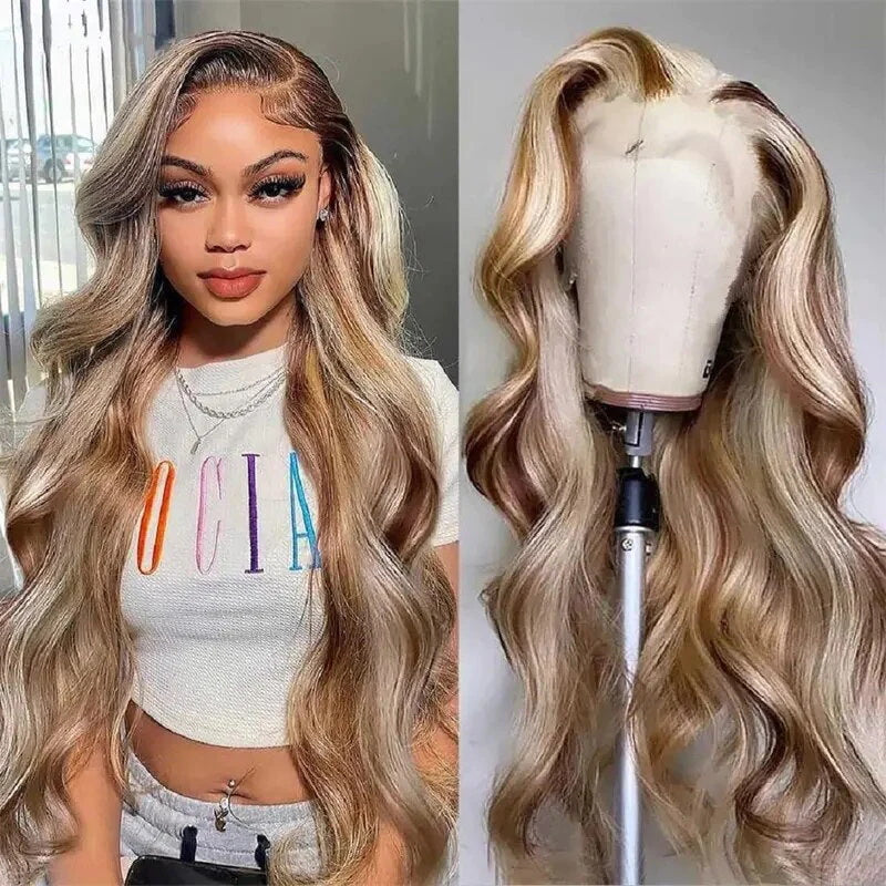 13x4 HD Lace Front Blonde Balayage Highlight Long Wigs Colored Glueless Wig Body Wave Human Hair Lace Front Wigs