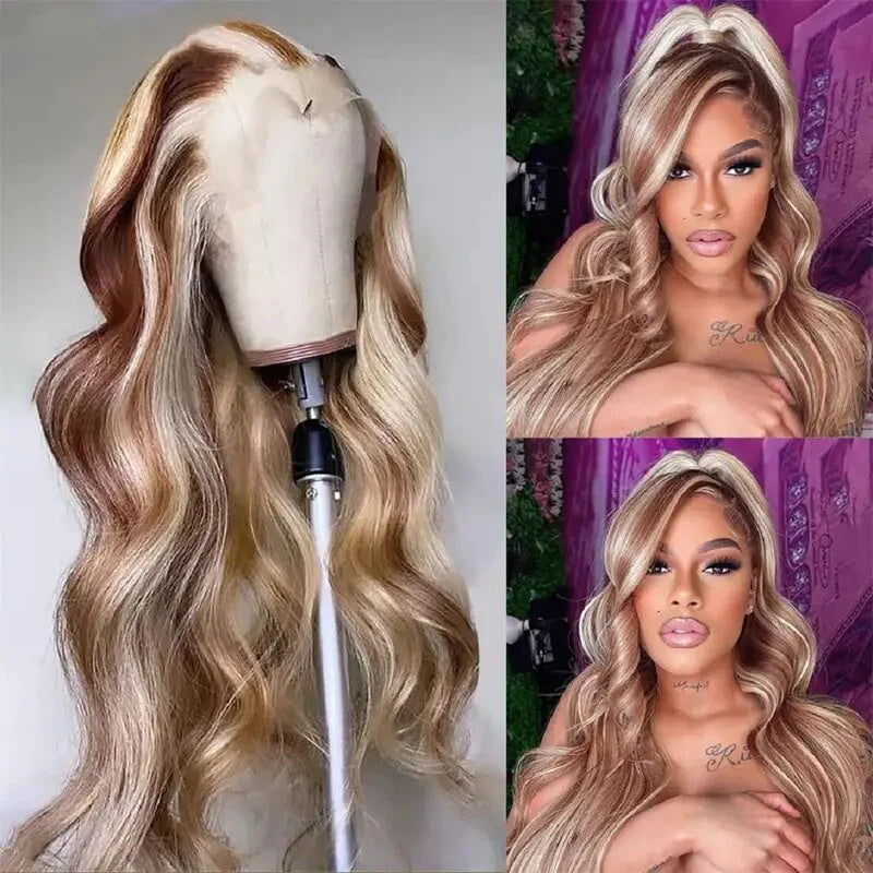 13x4 HD Lace Front Blonde Balayage Highlight Long Wigs Colored Glueless Wig Body Wave Human Hair Lace Front Wigs