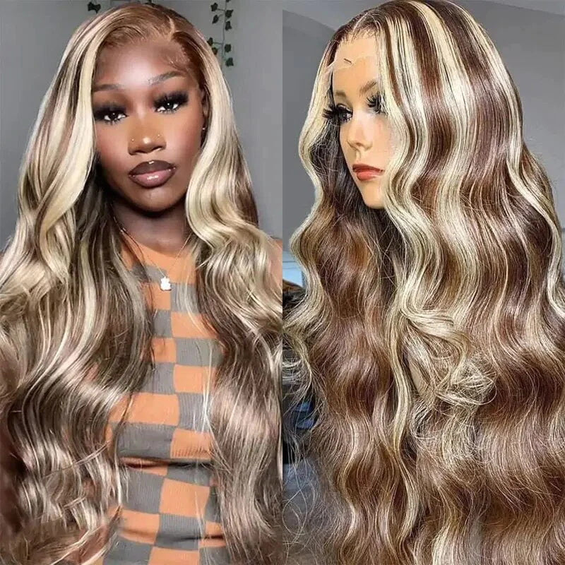 13x4 HD Lace Front Blonde Balayage Highlight Long Wigs Colored Glueless Wig Body Wave Human Hair Lace Front Wigs