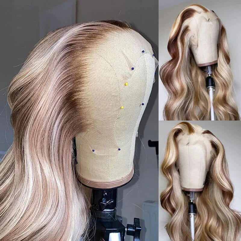 13x4 HD Lace Front Blonde Balayage Highlight Long Wigs Colored Glueless Wig Body Wave Human Hair Lace Front Wigs