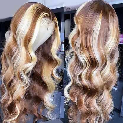 13x4 HD Lace Front Blonde Balayage Highlight Long Wigs Colored Glueless Wig Body Wave Human Hair Lace Front Wigs