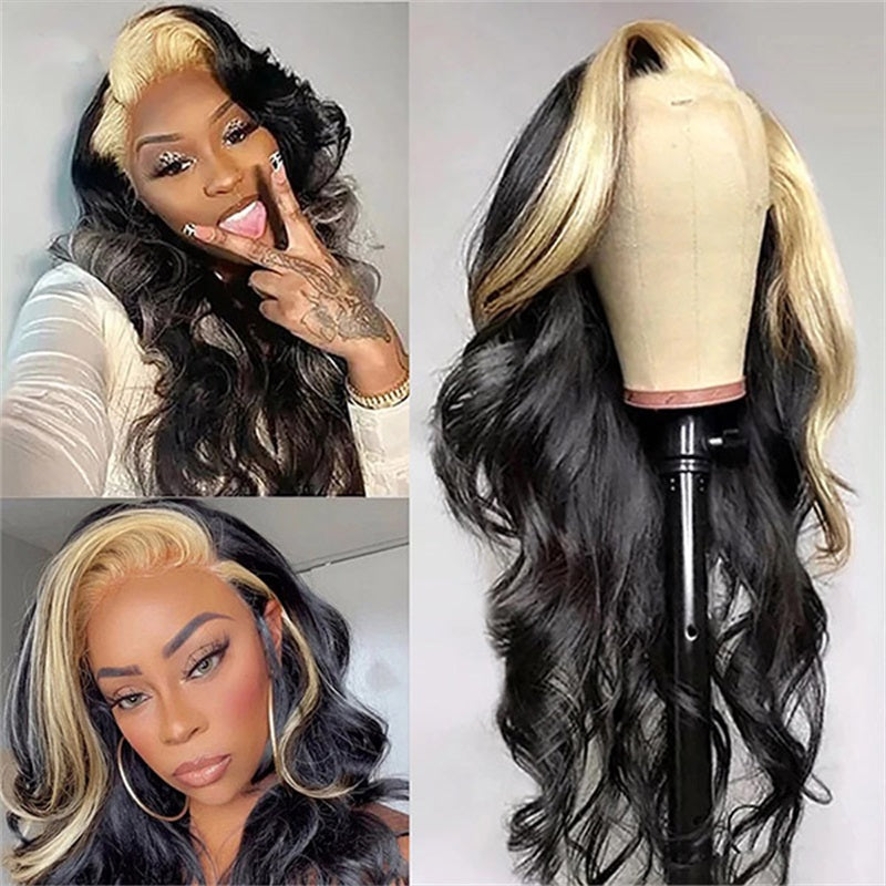 13x4 Lace Front Wig Skunk Stripe Wig with Honey Blonde Glueless Body Wave Human Hair Lace Frontal Wig