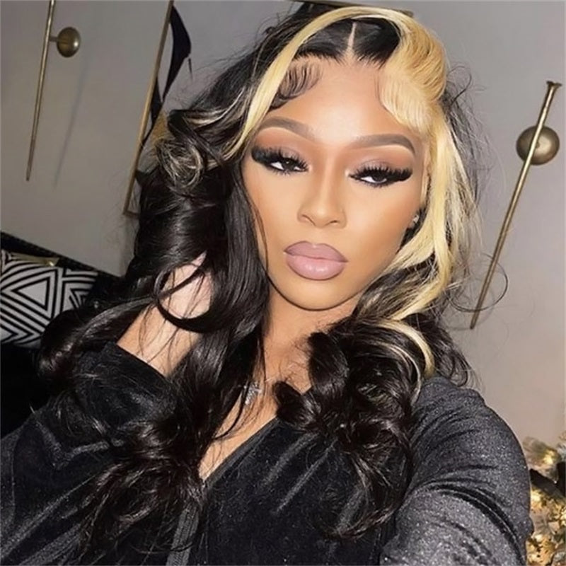 13x4 Lace Front Wig Skunk Stripe Wig with Honey Blonde Glueless Body Wave Human Hair Lace Frontal Wig