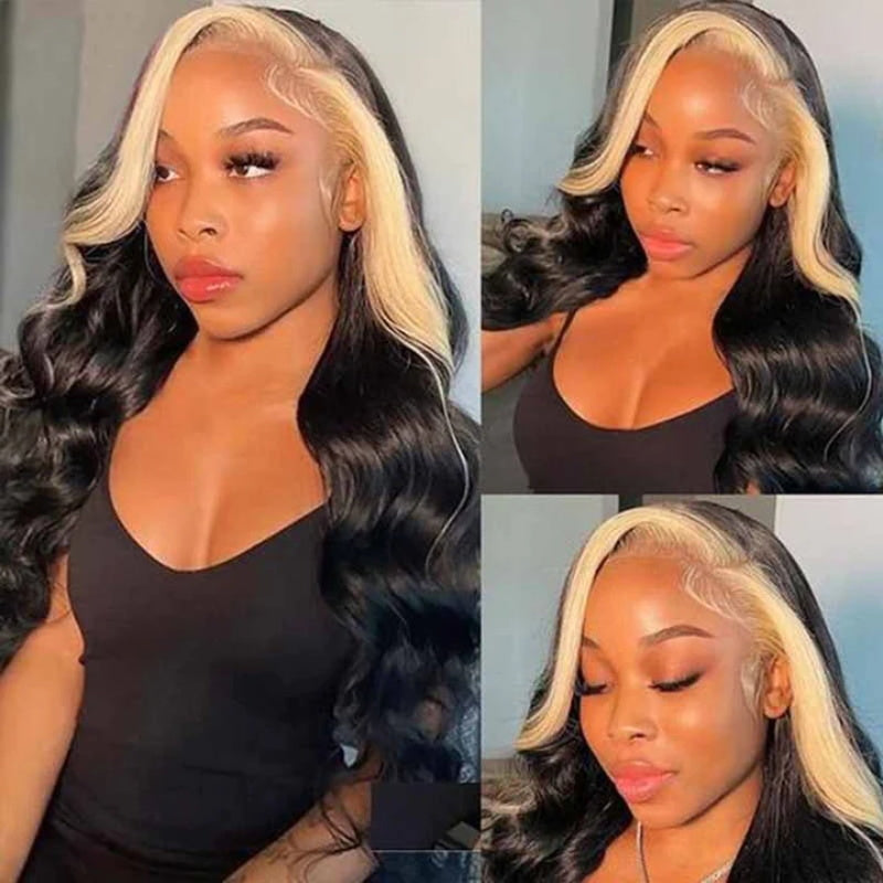 13x4 Lace Front Wig Skunk Stripe Wig with Honey Blonde Glueless Body Wave Human Hair Lace Frontal Wig