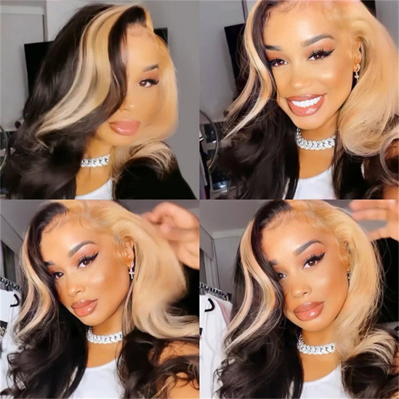 13x4 Lace Front Wig Skunk Stripe Wig with Honey Blonde Glueless Body Wave Human Hair Lace Frontal Wig