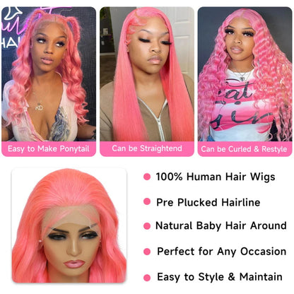 13x4 Pink Body Wave Lace Front Wig 30 Inch Pre-plucked Body Colored Human Hair Wigs Glueless Body Wave Wig Barbie Hair Style