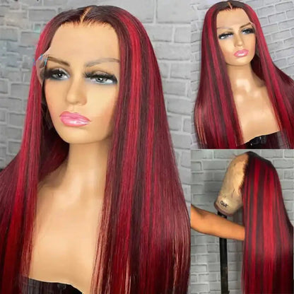 Glueless Human Hair Wig Burgundy Highlight With Dark Roots Straight 13x4 HD Lace Frontal Wigs Skunk Stripe Human Hair Wig