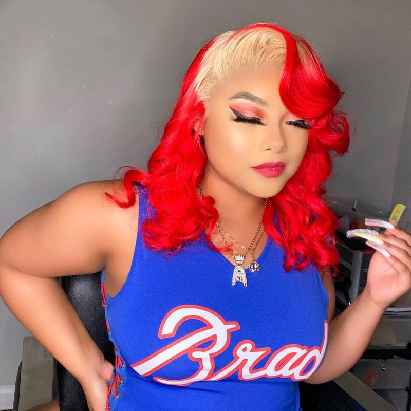 180% Density Ombre Blonde Red Color Body Wave Bob Wig 4x4/13x4 Transparent Lace Human Hair Wig