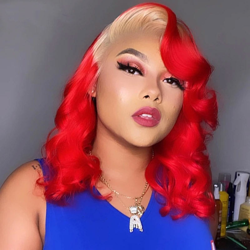 180% Density Ombre Blonde Red Color Body Wave Bob Wig 4x4/13x4 Transparent Lace Human Hair Wig